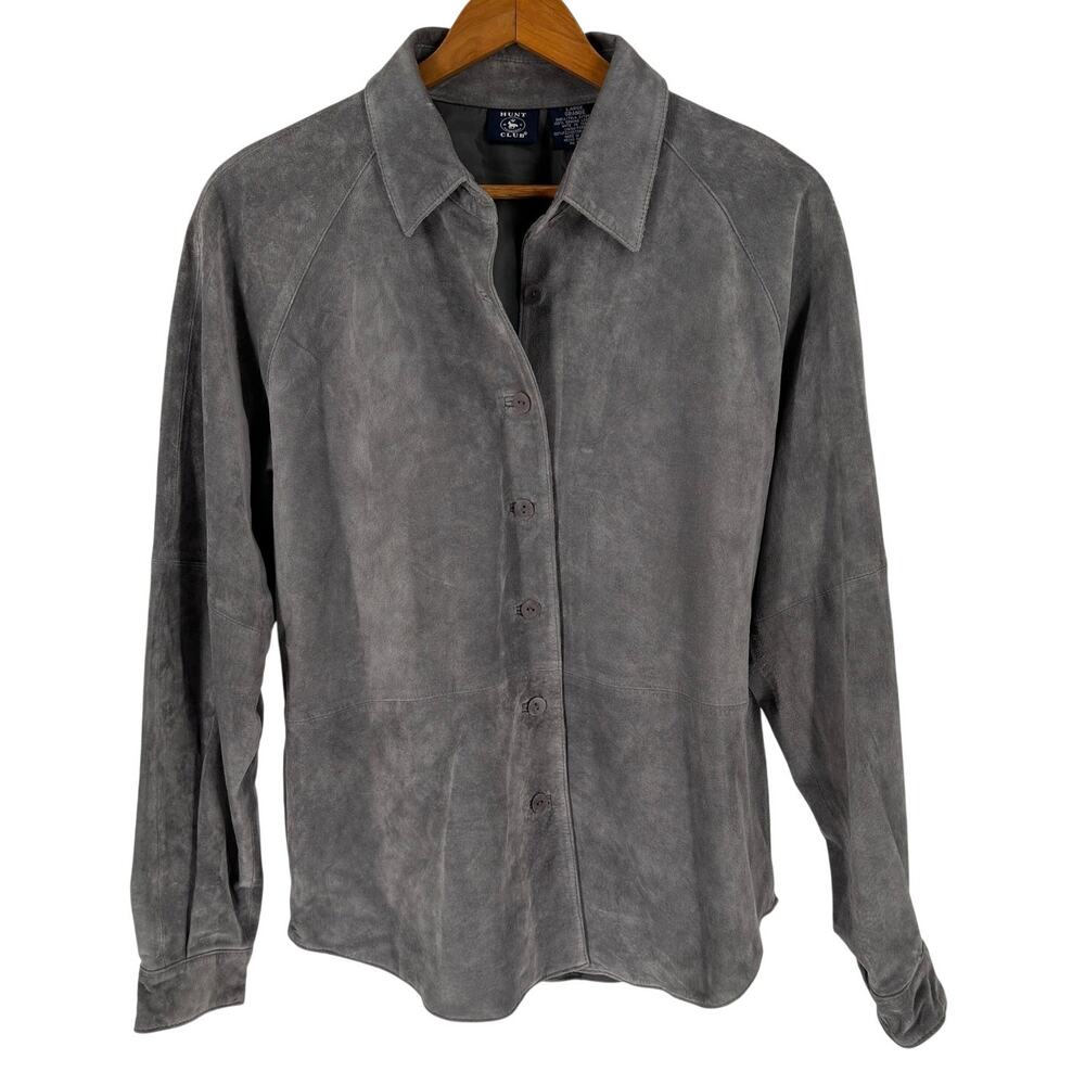 Hunt Club Genuine Leather Button Up Shacket Gray Long Sleeve Womens Size Large